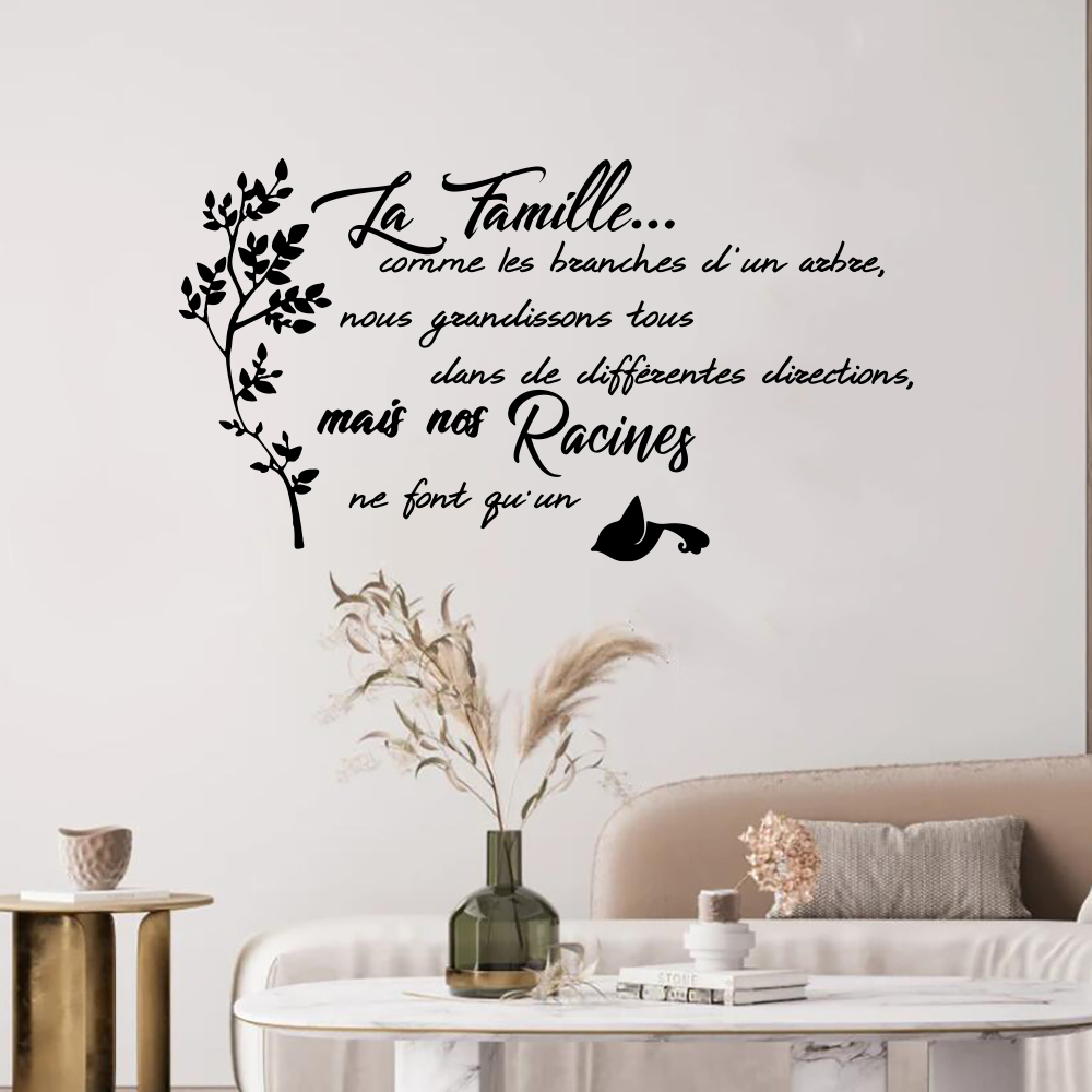 Family Tree Print - Французская семейная цитата, дерево, птица, стикер